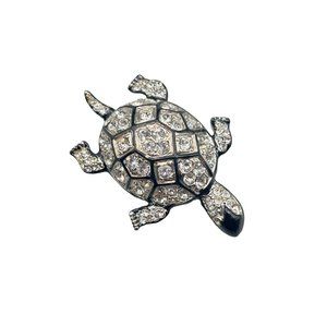 Kenneth Jay Lane KJL Turtle Pin Brooch Silver Tone Clear Crystals Black Enamel